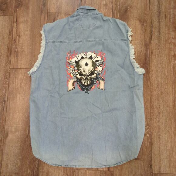 VTG Biker Cutoff Men XXL Button Up Denim Shirt Skull Cards Dice Guns Punk Flame - Picture 6 of 7